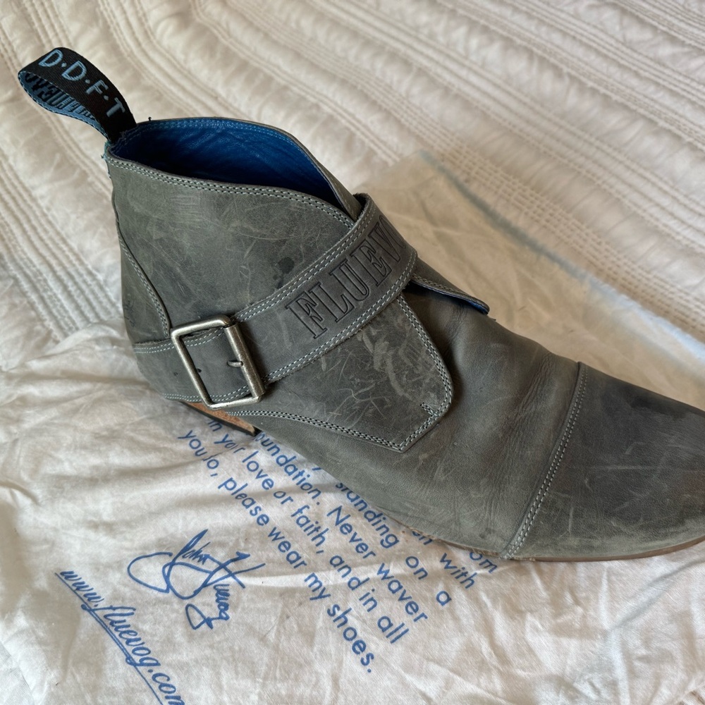 John Fluevog NPR, blue denim leather boots. Size 12 men’s.